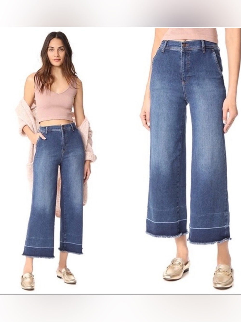 FREE PEOPLE Indigo Blue STRETCH DENIM High Rise WIDE LEG Cropped JEANS 27